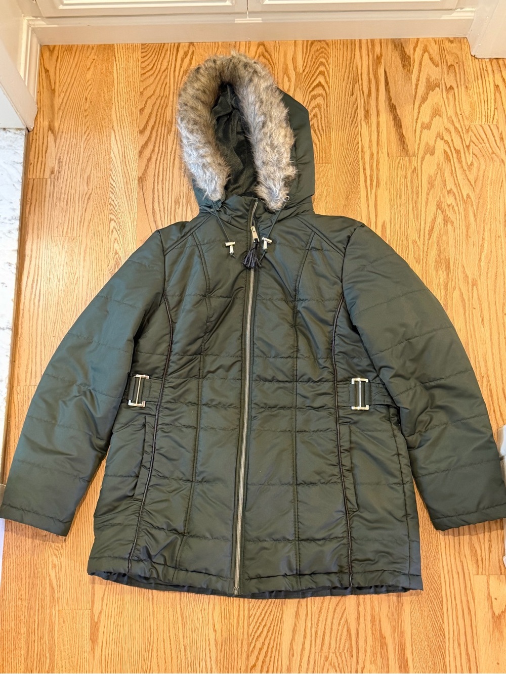 new directions Olive Green Quilted Puffer Coat with Faux Fur Hood removable hood